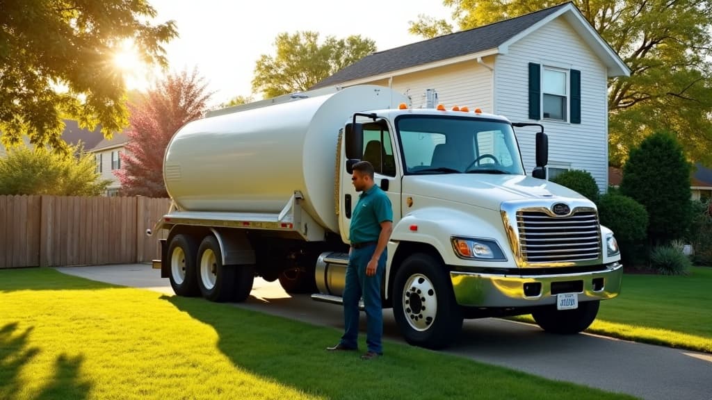 FlowRight septic service truck at a suburban home